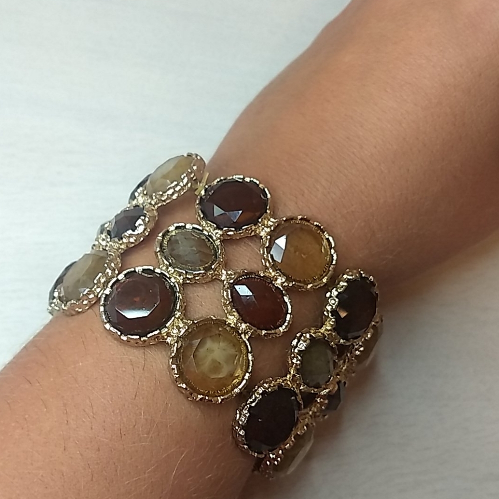 Faux Gold Elastic Bracelet with Faux Brown Stones
